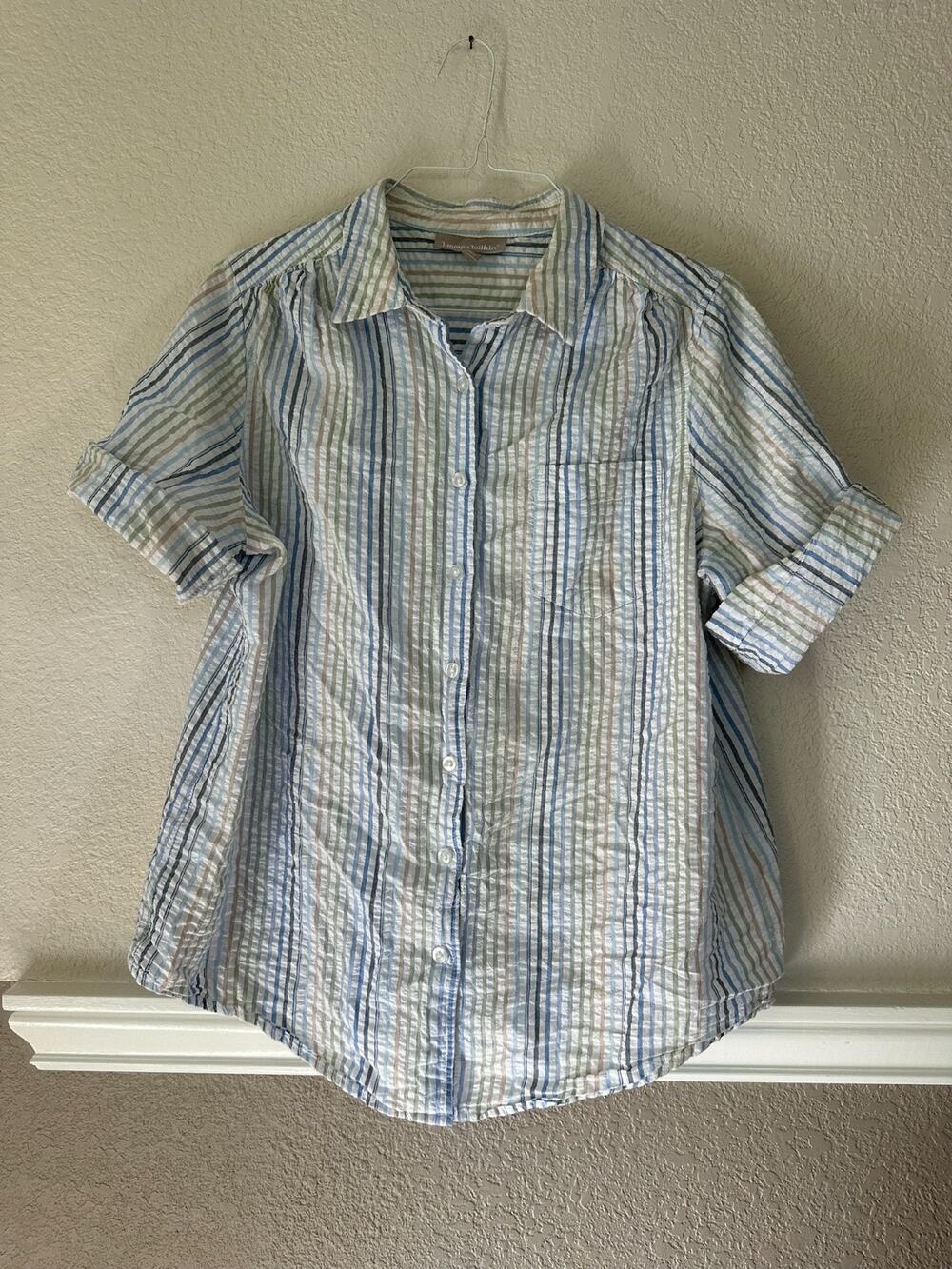 Woman Within Plus Size 18/20 Short Sleeve Seersucker Shirt Blue Green Stripe